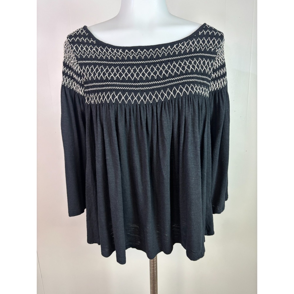 GAP Top Medium Black White Smocked 3/4 Sleeve Blouse Women's Casual